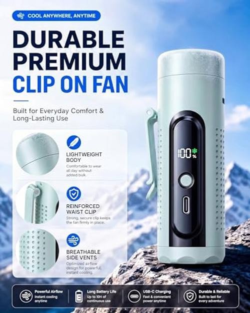 Mini Clip On Handheld Cooling Fan, 17000RPM 5 Speed Small Belt Fan Light Blue