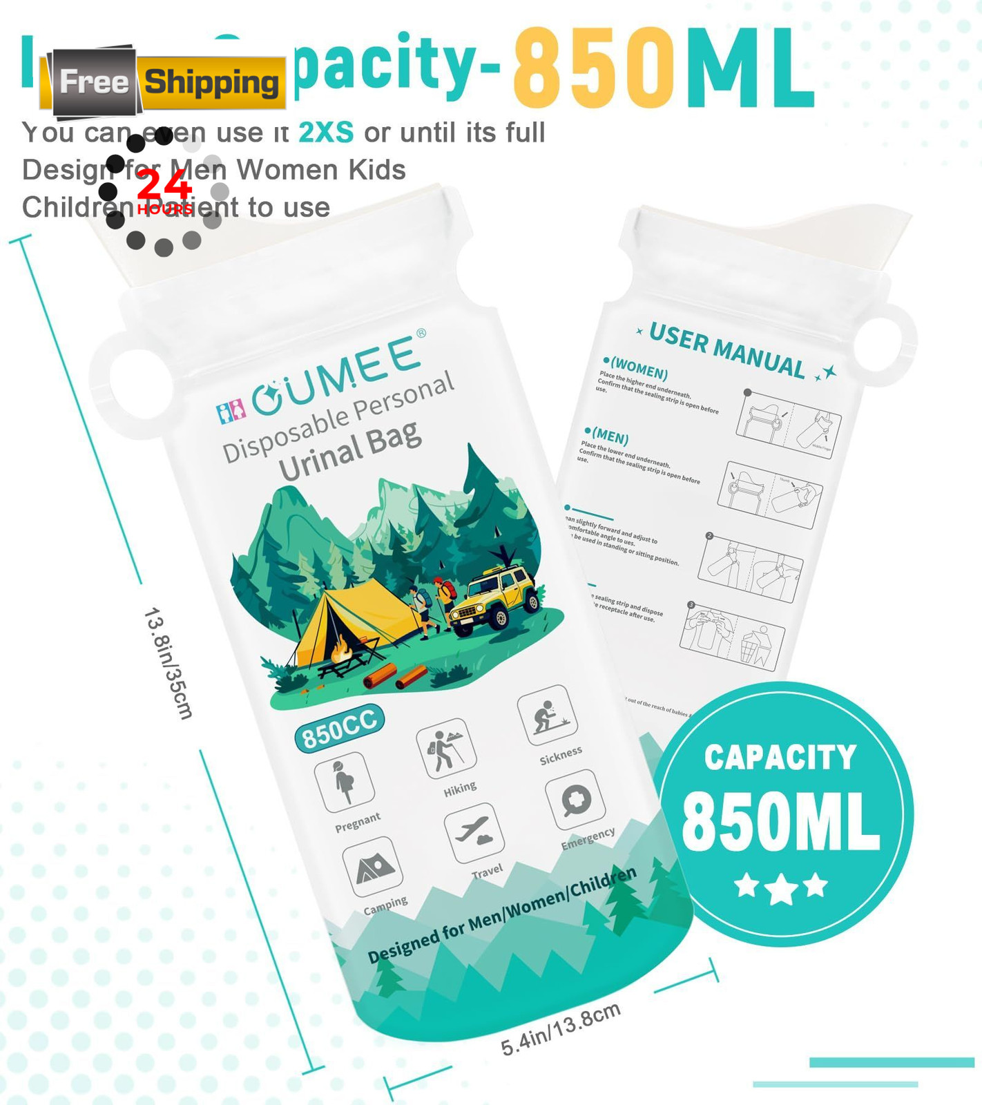 OUMEE 850ML Emergency Disposable Urinal Bags, 8/12/20/28 Pcs Large, white