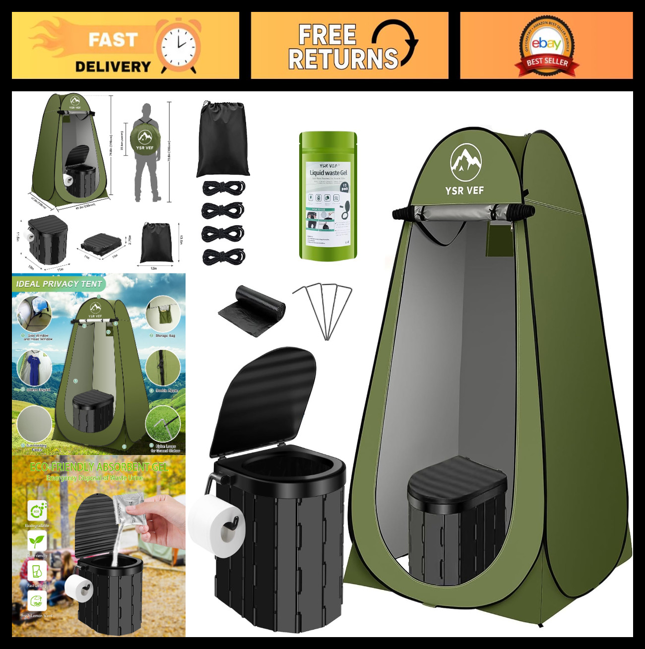 Portable Camping Toilet Kit with Privacy Tent, Poo Gel Bags & Outdoor Shower