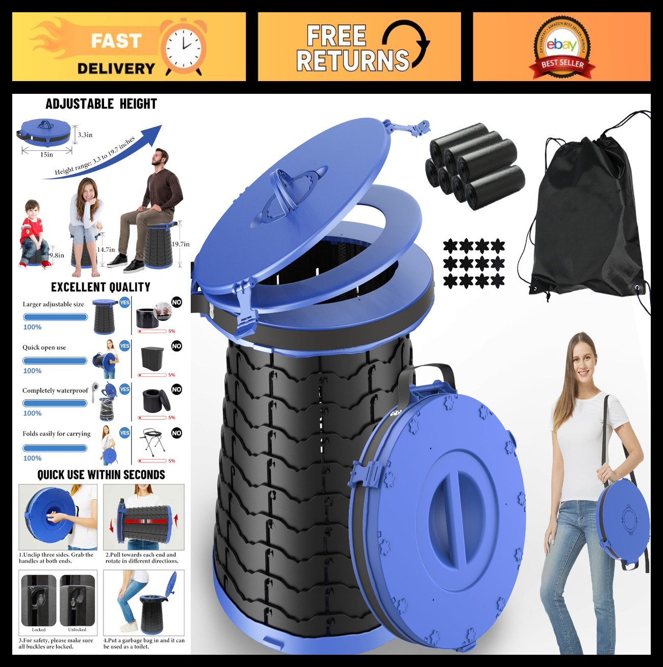 XXL Portable Camping Toilet – 880lbs Capacity, Adjustable 19.7″ Height, Collapsi