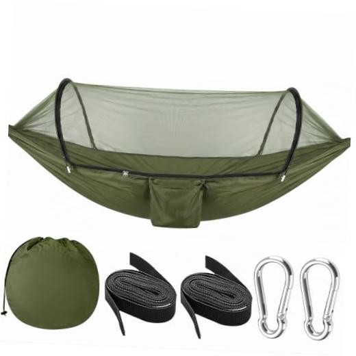 Ultra-Light Travel Camping Hammock with Pop-up Bug Net Hammock, Army Green