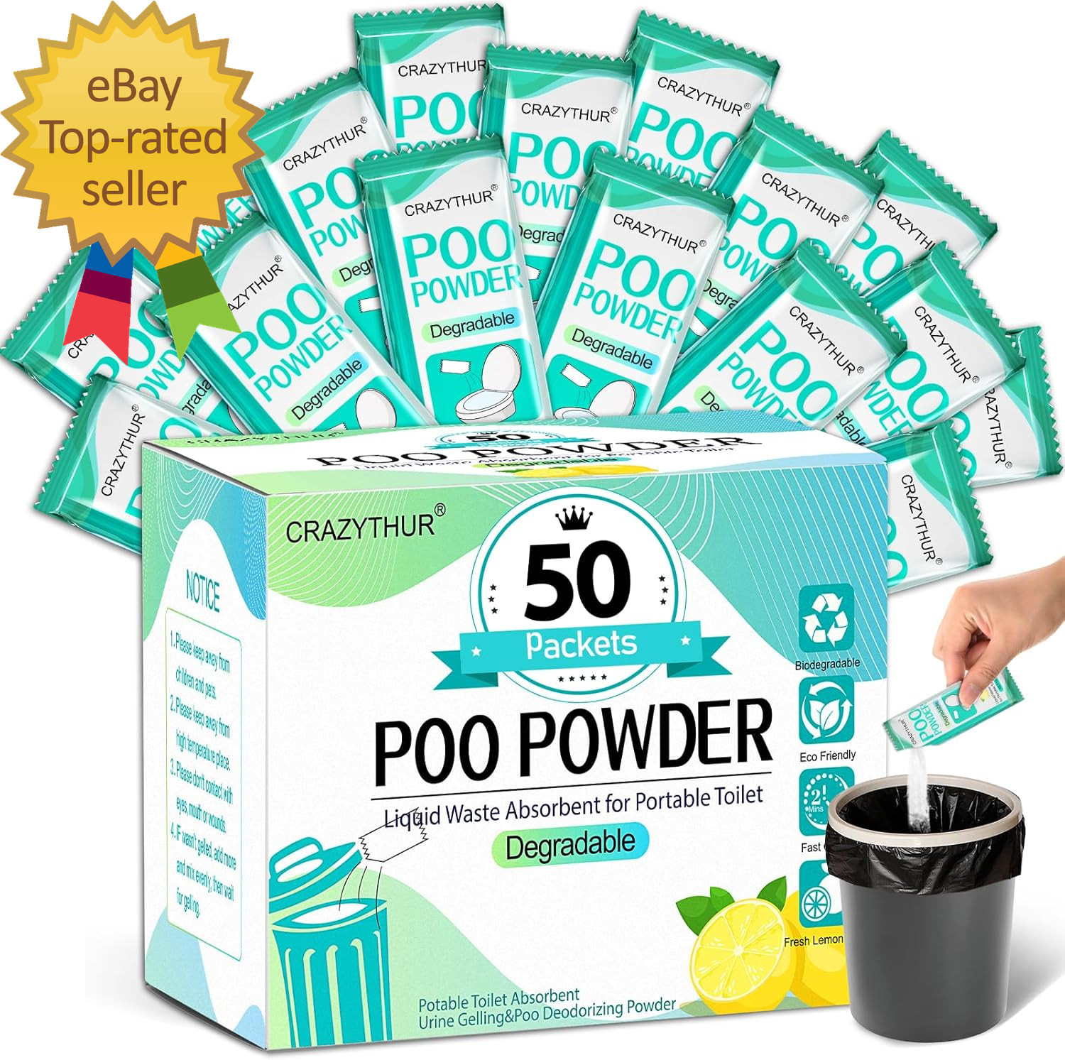 Poo Powder for Portable Toilet Gel Powder, Camping Toilet Gel | Lemon Scent Pee