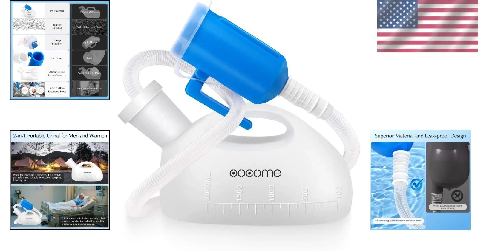 2000ml Portable Urinal for Men – Spill Proof, Long Tube, Easy Clean