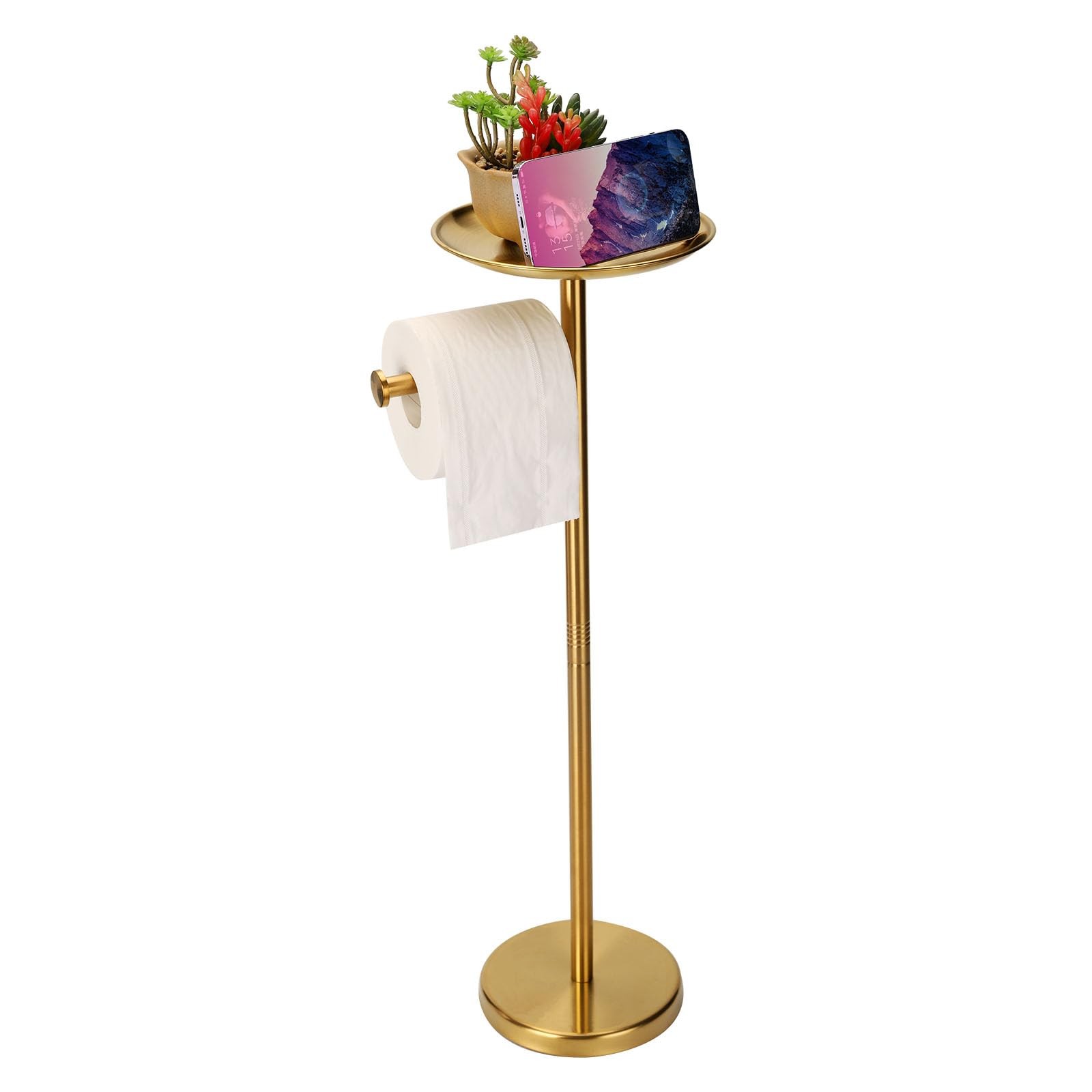 Toilet Paper Holder Stand Gold with Shelf on Top, Sturdy TP Roll Holder Floor St