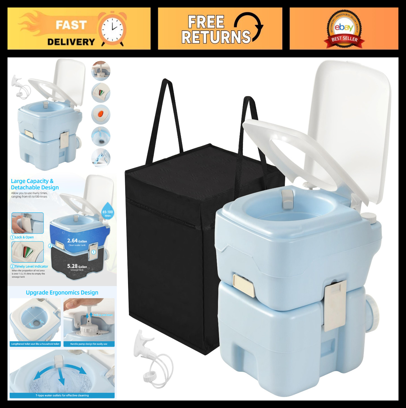 Portable 5.28 Gallon Toilet for Camping, RV, Boat – Press Flush, Hand Sprayer, S