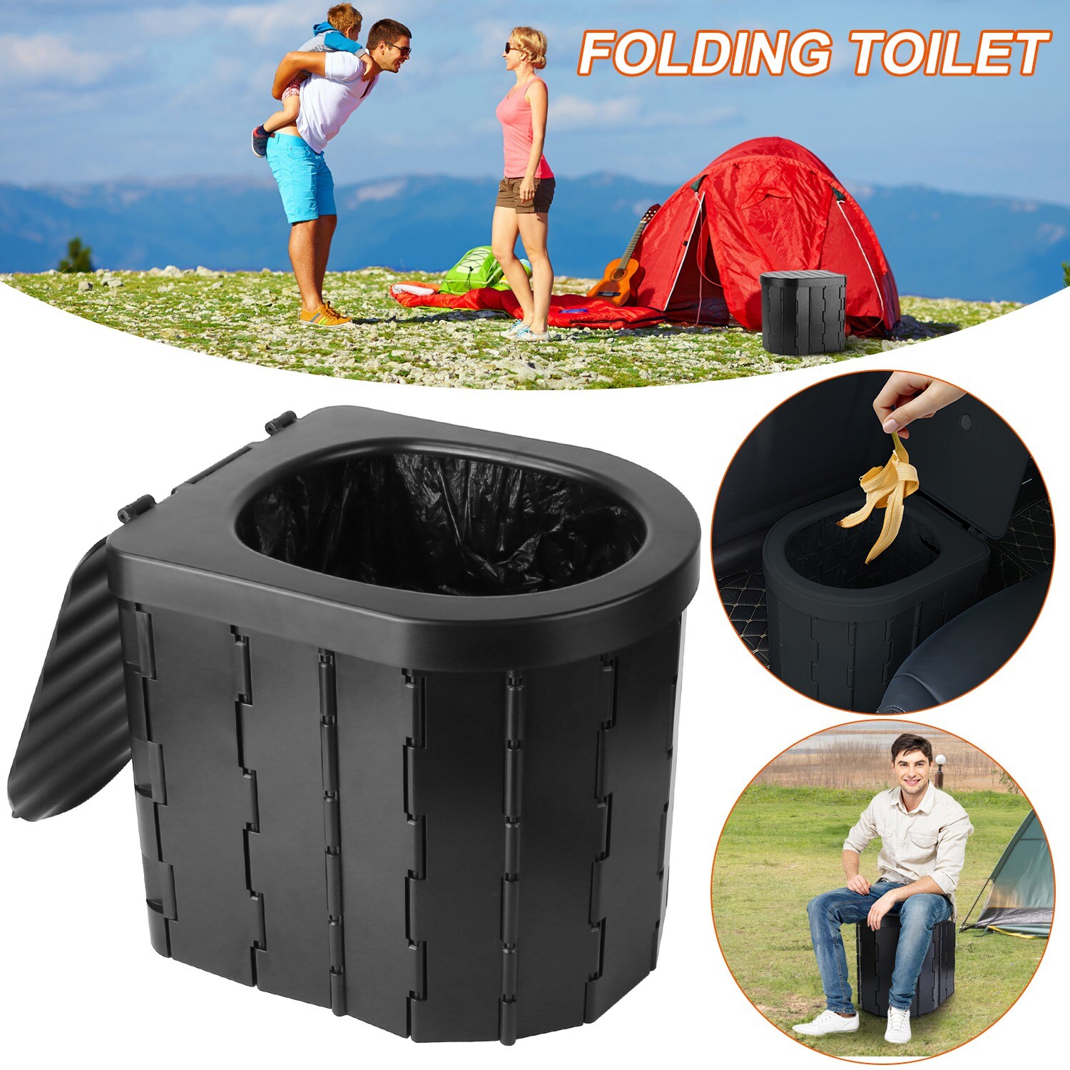 Portable Camping Toilet Foldable Potty Outdoor Emergency with Lid for Adult