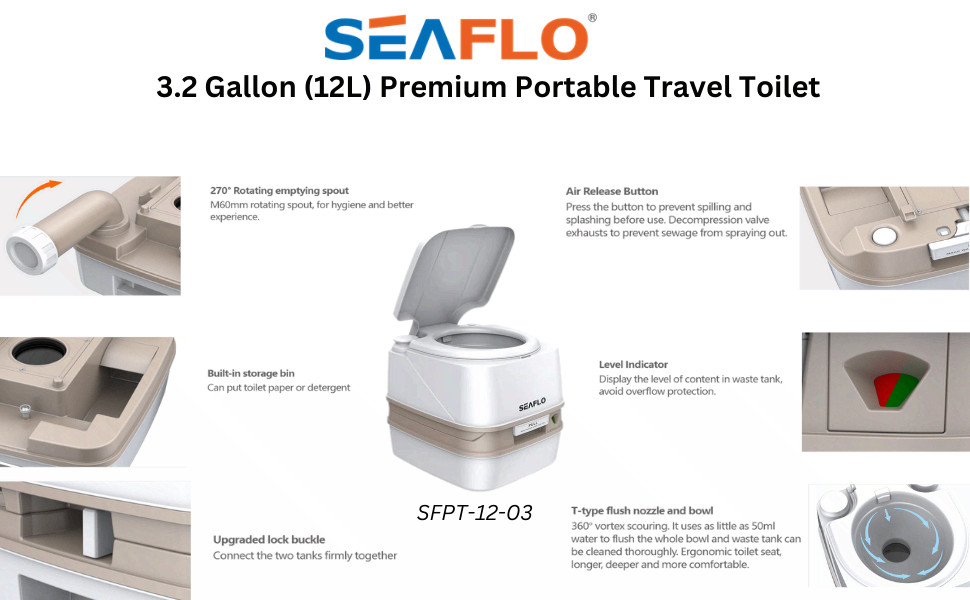 SEAFLO SFPT-12-03 3.2 Gallon Premium Portable Travel Toilet – 12L White
