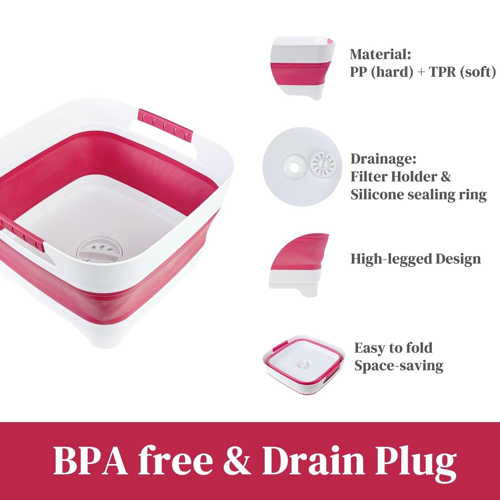 2.6 Gal(10L) Collapsible Camping Sink, Magenta Space-Saving Collapsible Dish …