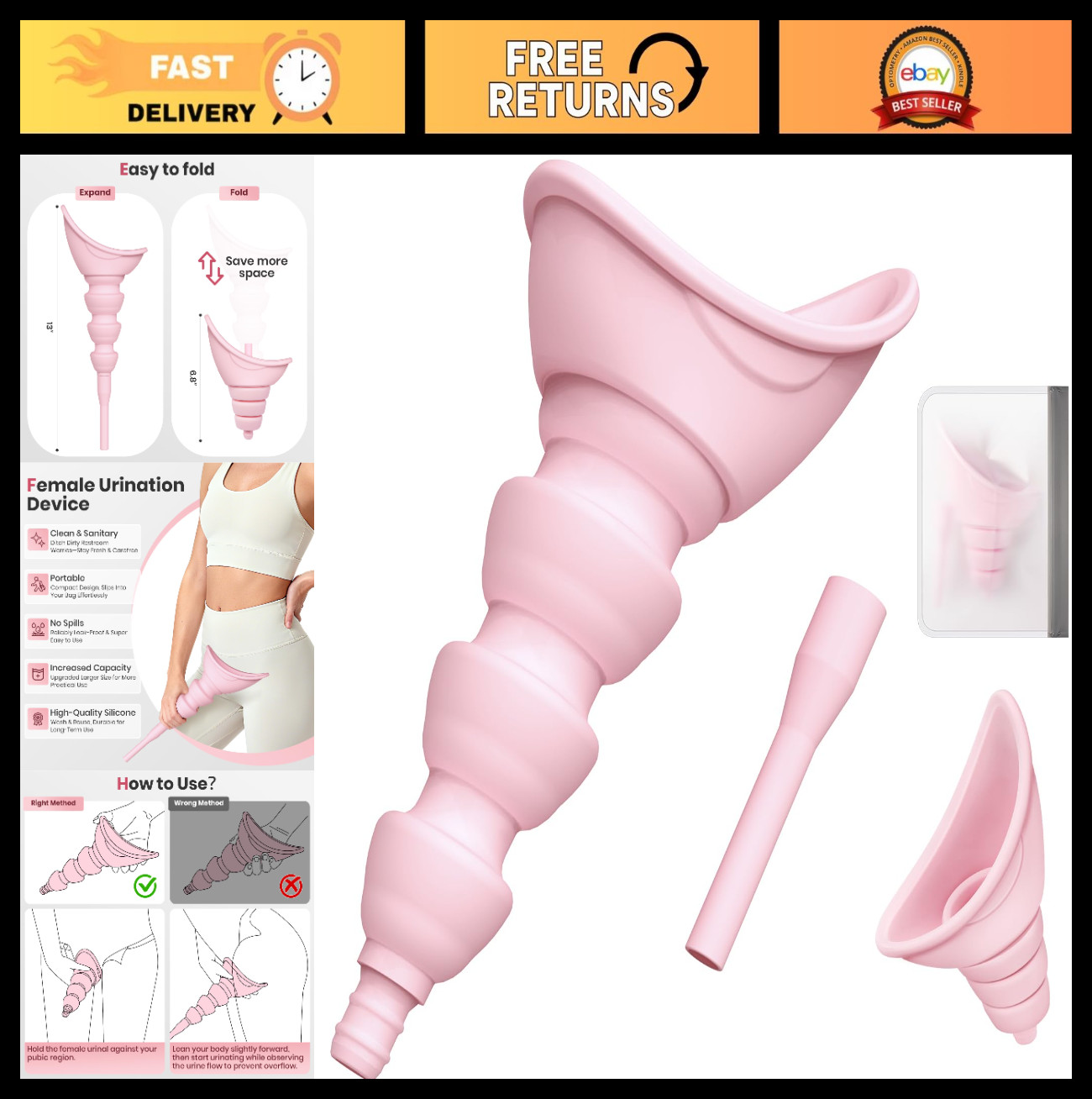 Portable Female Urinal – Quick-Fold Silicone Pee Funnel with Extension Tube & Ba