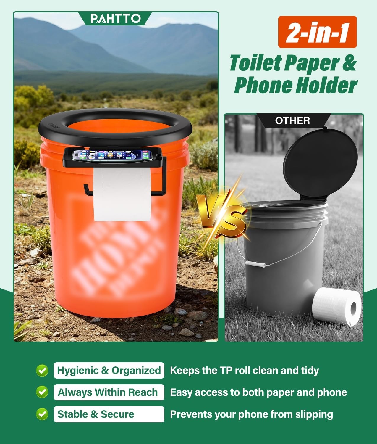 Portable Bucket Toilet Seat for 5 Gal Buckets with TP Holder and Phone Shelf