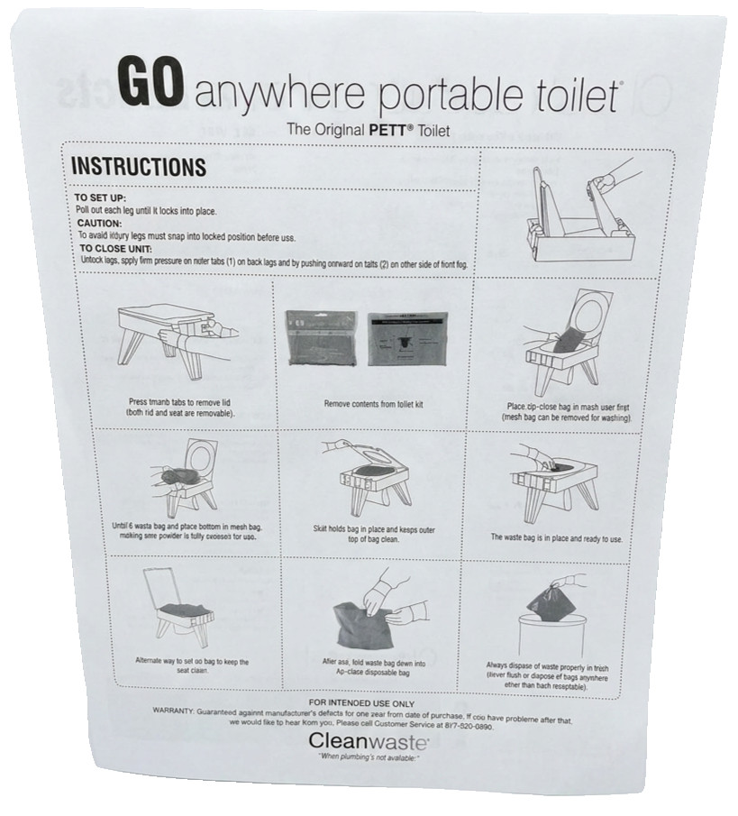 Cleanwaste GO Anywhere Portable Toilet PETT Folding Camping Toilet w/ WAG Bag