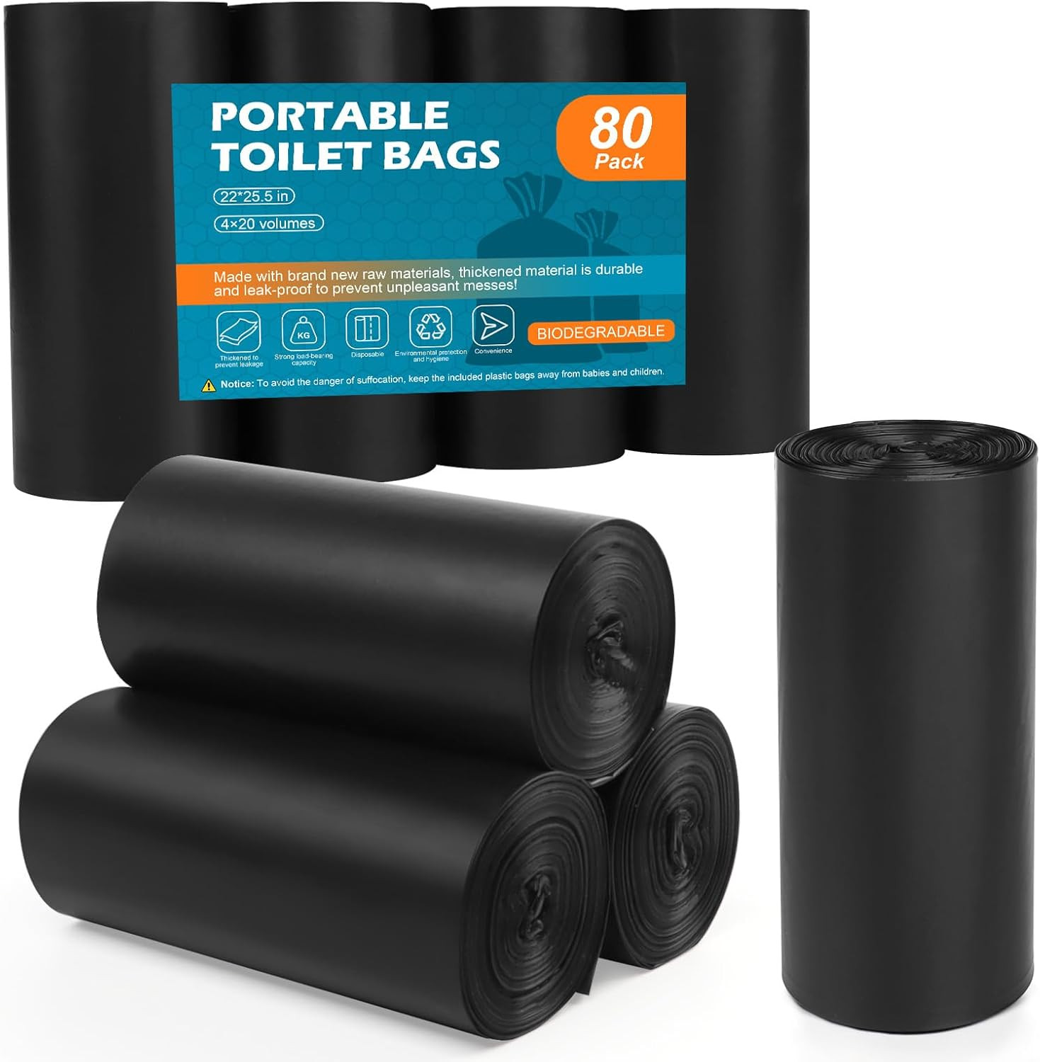 80 Portable Toilet Bags, Camping Toilet Bags, 5-8 Gallon Compostable Bags, Biode