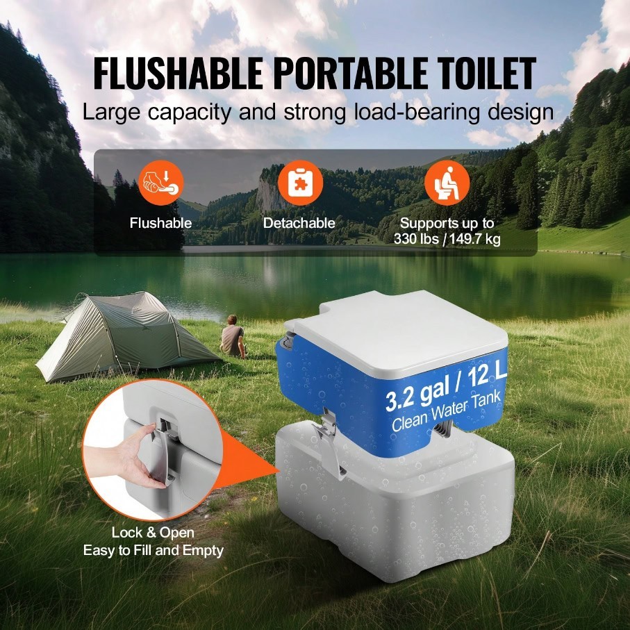 Portable Flush Camping Toilet 5.3 Gal Waste Tank 3.2 Gal Water Tank Carry Bag