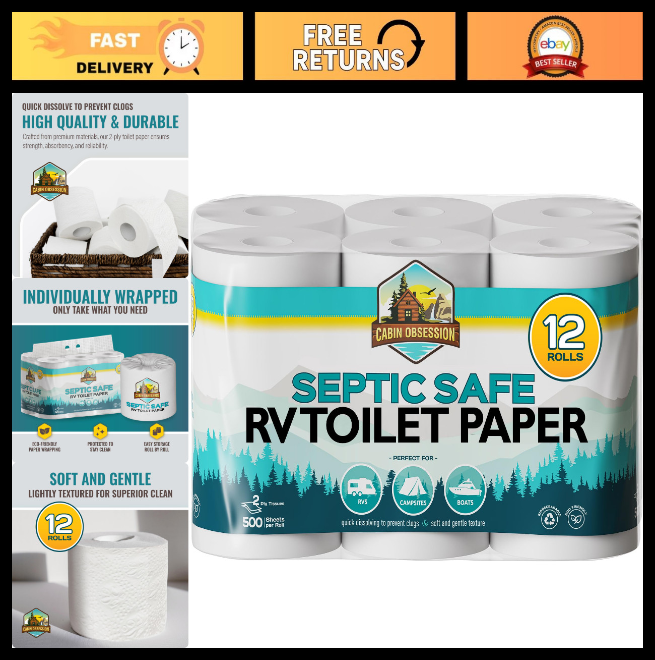 Septic Safe RV Toilet Paper – 12 Pack, 2-Ply Quick Dissolving Camper Tissue