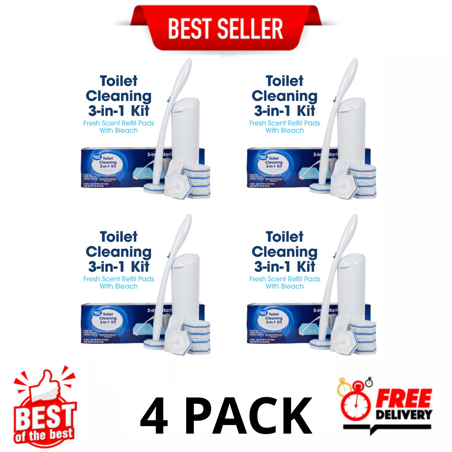 Great Value Toilet Cleaning 3-in-1 Starter Kit, 4 Pack