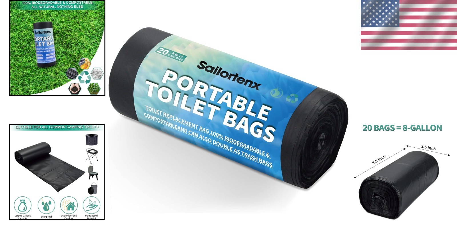 Biodegradable Toilet Bags for 5 Gallon Buckets – 20 Count Portable Solution