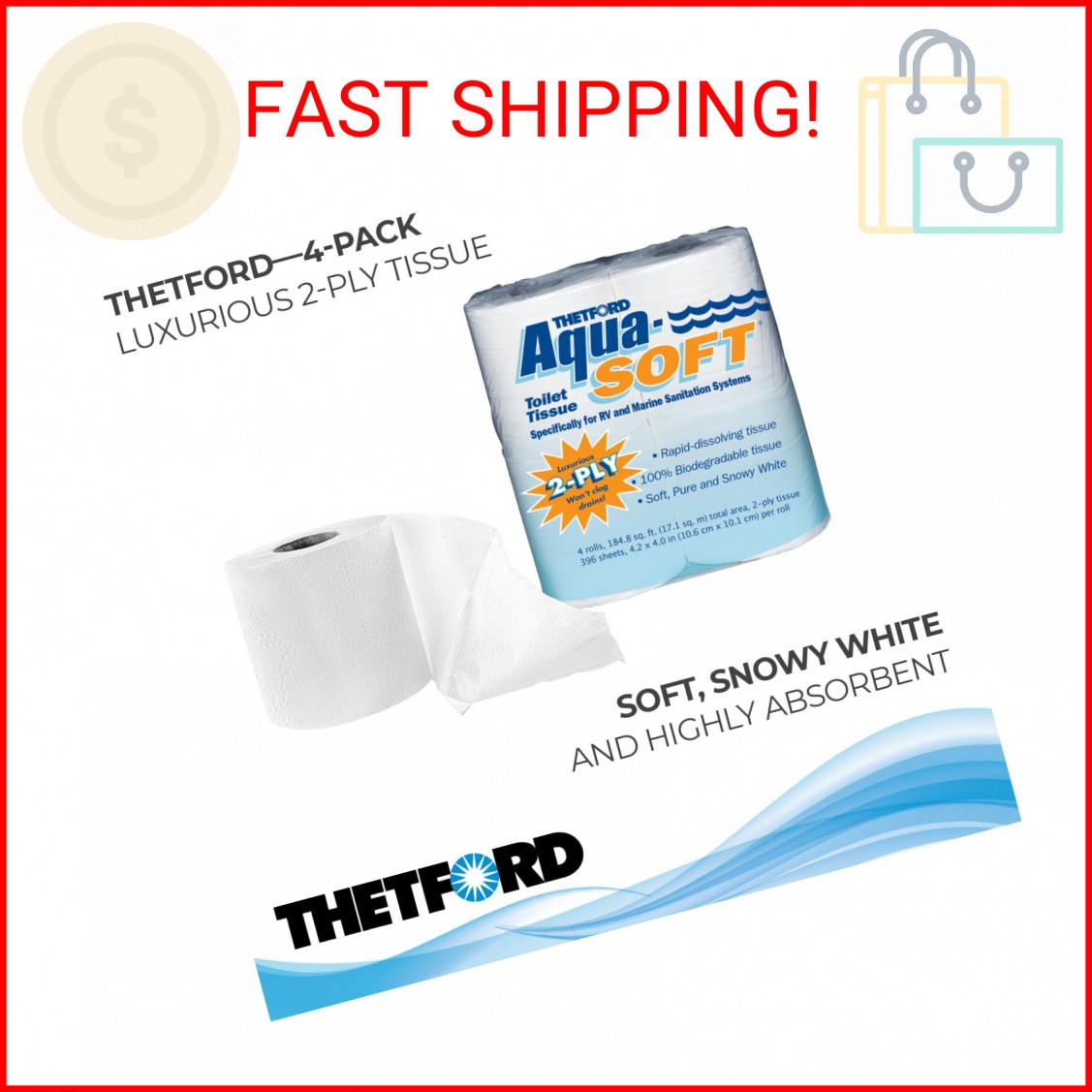 Thetford Aqua-Soft Toilet Tissue – Toilet Paper for RV and marine – 2-ply – Thet