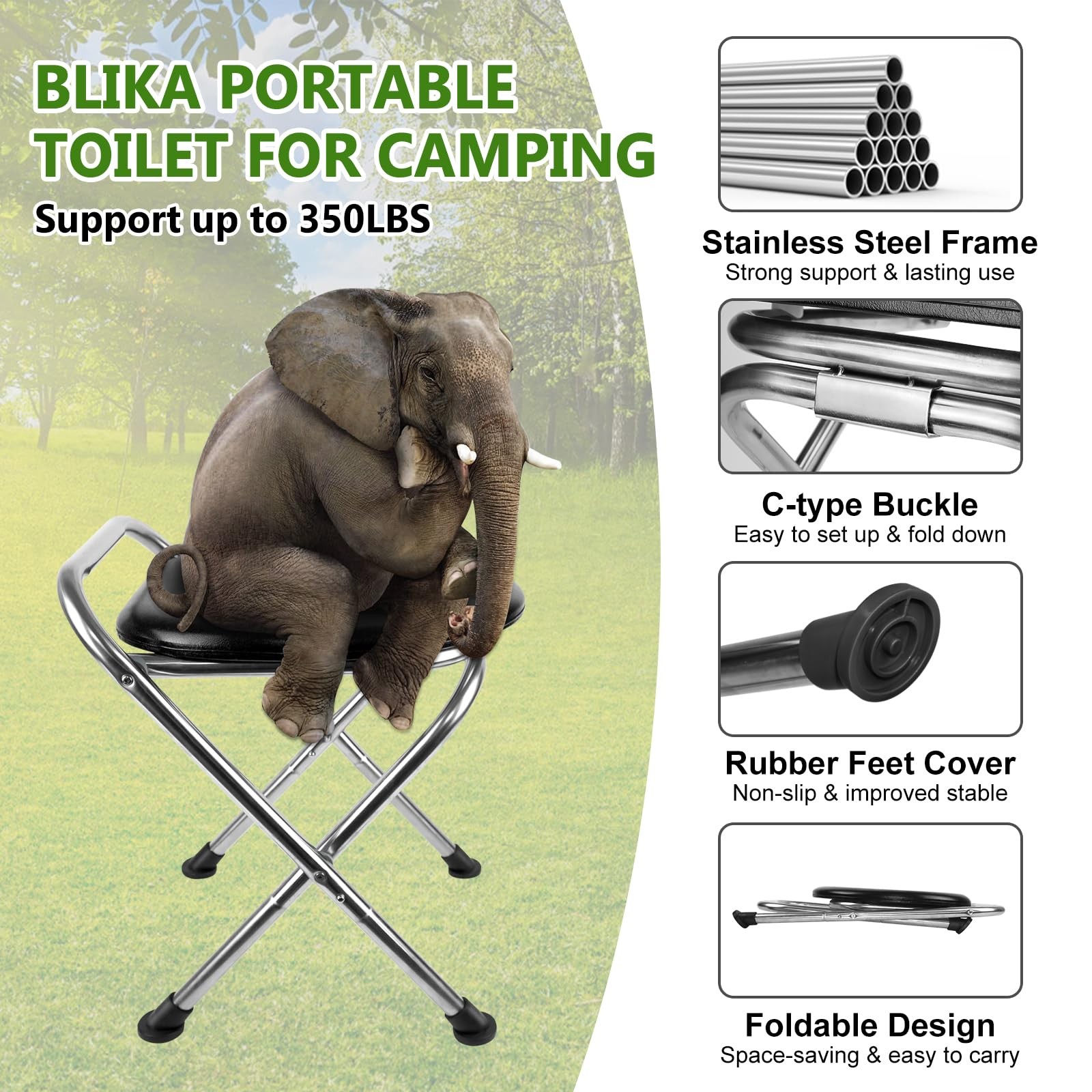 Portable Toilet for Camping, 350LBS Stainless Steel Foldable Camp Travel Toil…