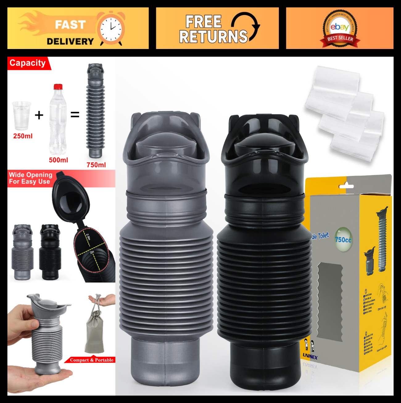 Portable Urinal for Men & Women – 750ml Leakproof Emergency Pee Bottle with Bags