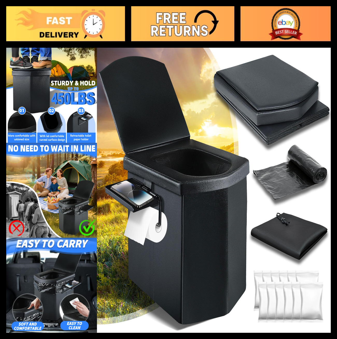 Upgraded Portable Camping Toilet 16.5” Tall, Folding Travel Potty with Lid & Ca