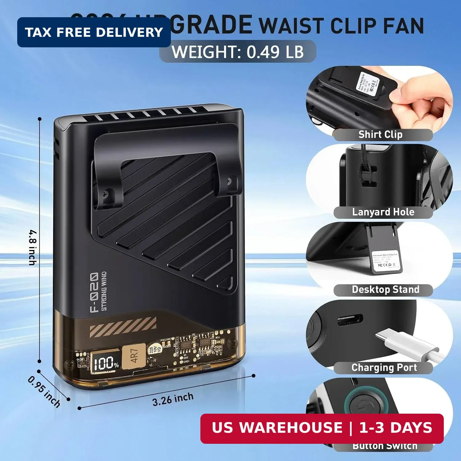 2026 Portable Waist Fan, Clip-On Personal Cooling Fan, LED Display, 10000RPM, 5