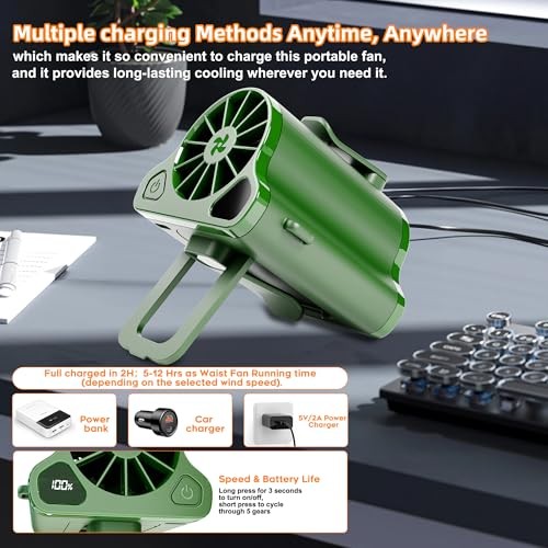 Portable Waist Fan Clip on Wearable Belt Personal Fans, Mini Personal Green