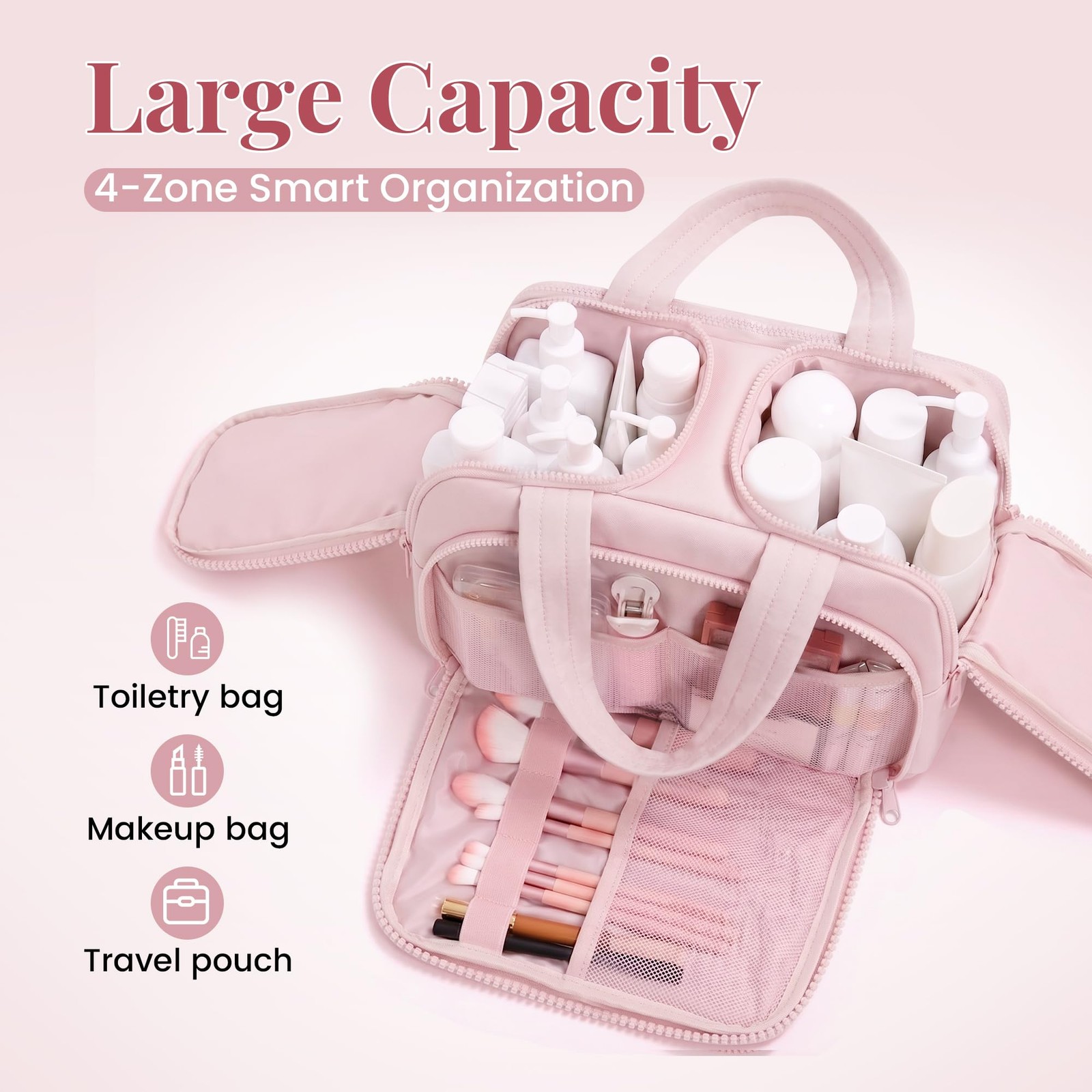 todbown Travel Toiletry Bag: ​​ Large Capacity, 4 X-Large, Soft Pink