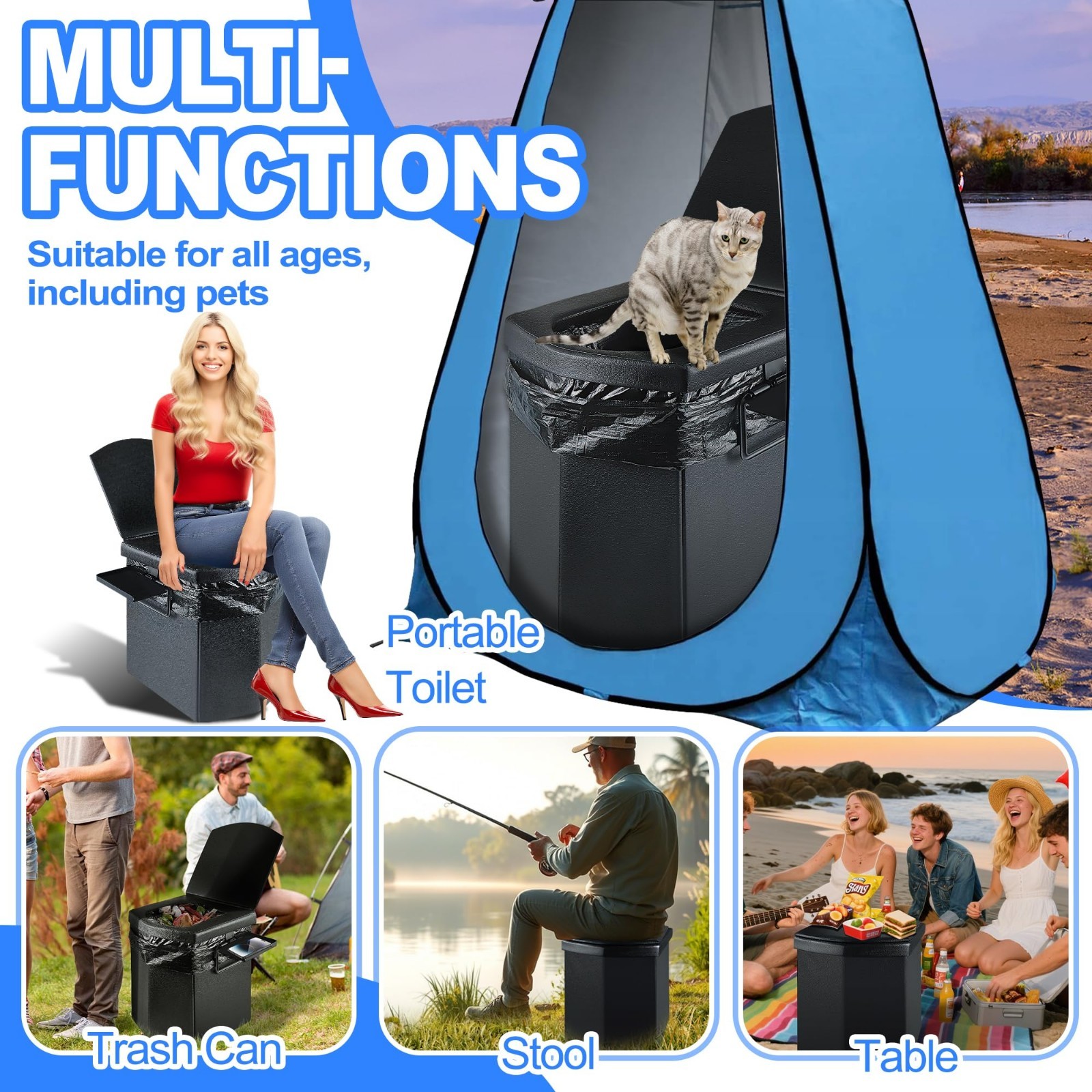 Upgraded Portable Camping Toilet 16.5” Tall, Folding Travel Potty with Lid & Ca