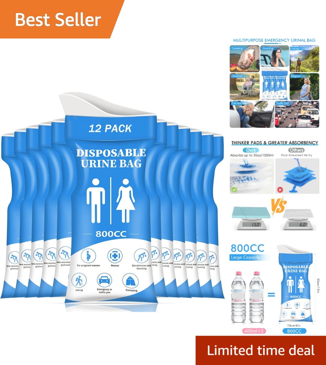 Large Capacity Disposable Urine Bag 12 Pack Emergency Travel Toilets Unisex