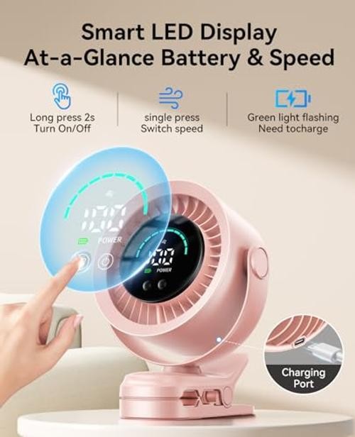 Portable Clip on Fan, 100-Speed Rechargeable USB Fan with LED Display, Pink
