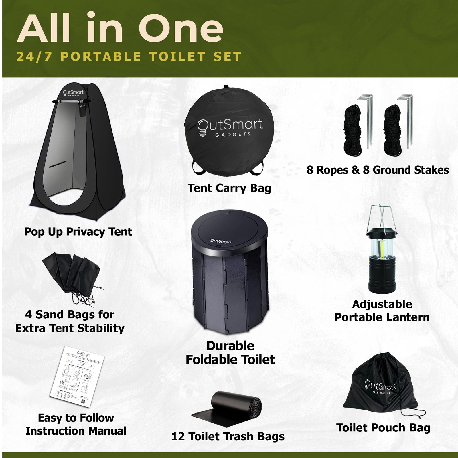 Outdoor Camping Toilet with Pop-Up Privacy Tent and Night Lantern, Portable T…