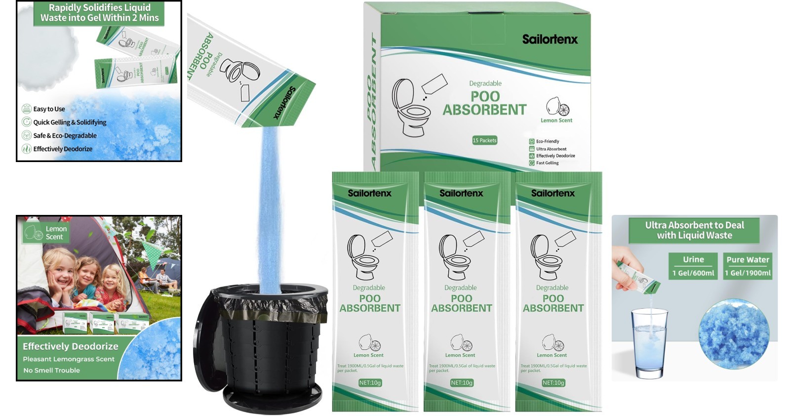 Eco-Friendly Portable Toilet Absorbent – Fast-Gelling Lemon-Scented Gel 15 Pack