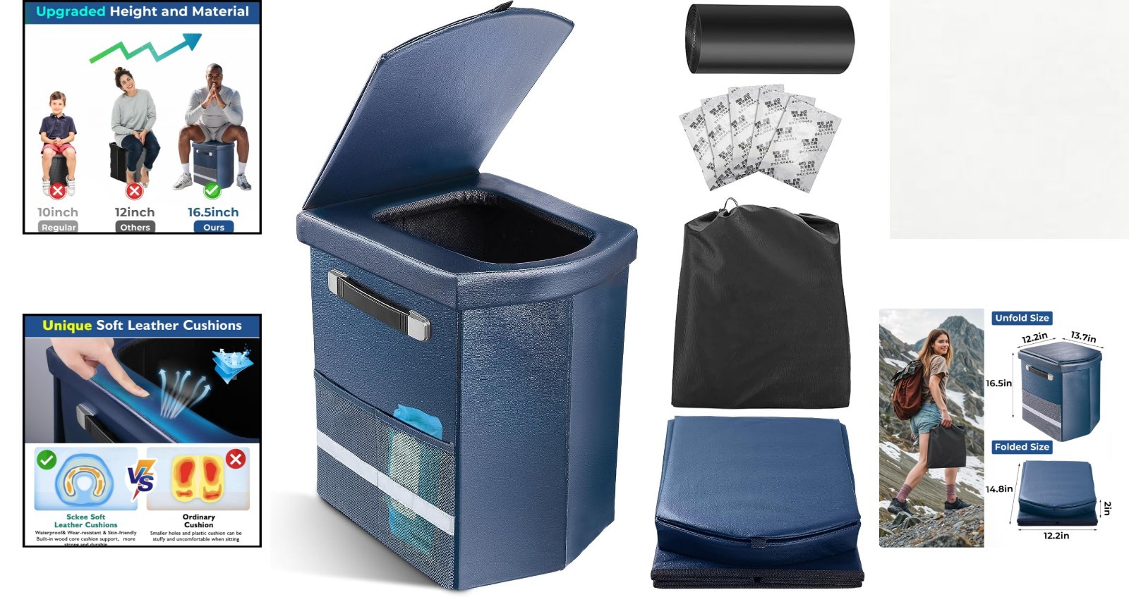 2025 Upgraded 16.5” XL Portable Toilet for Adults,Tall Camping Toilet with L…