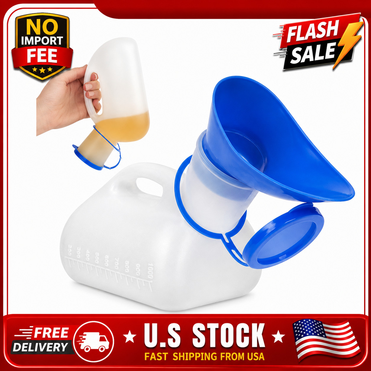 Portable Unisex Urinal Bottle 32 Oz with Funnel & Lid for Travel Camping
