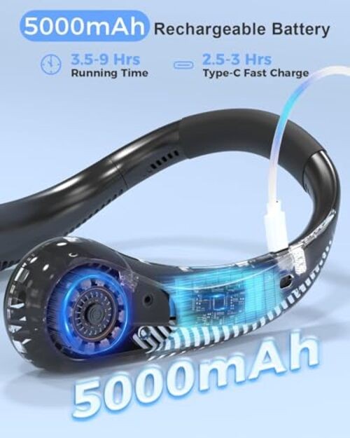 Portable Bladeless Neck Fan, Valentines Day Gifts for Him, Birthday Gifts Black