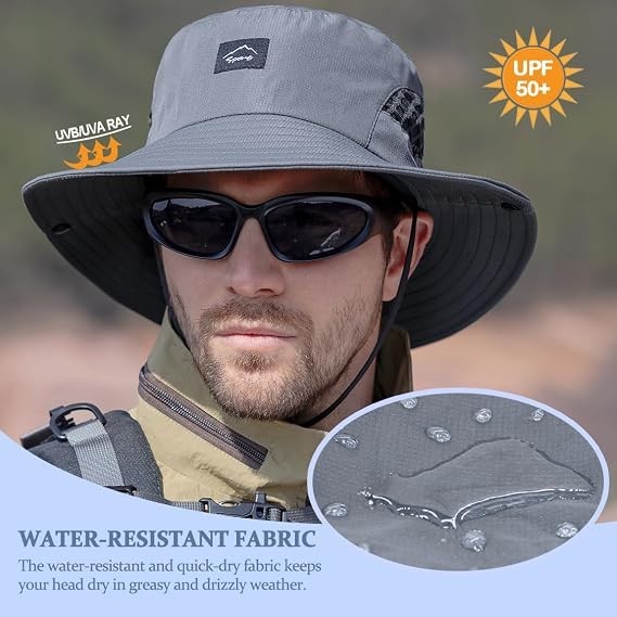 UPF 50+ Wide Brim Fishing Hat Gray Sun Protection Hiking Beach Bucket Hat