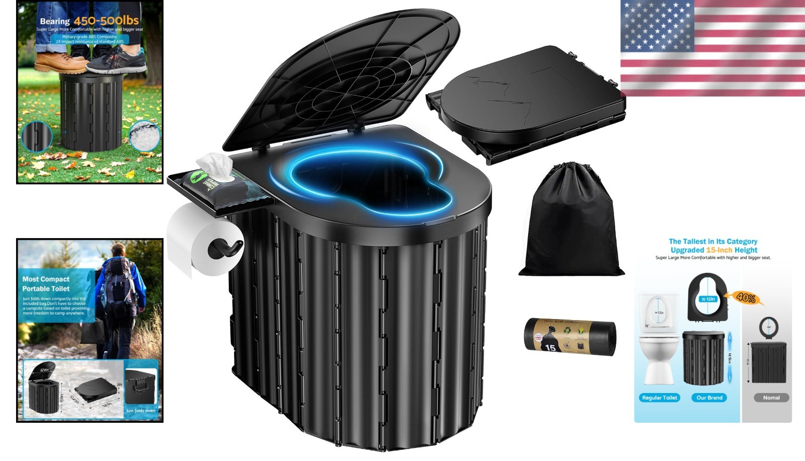 Durable Portable Toilet 15 Inch 450 Lbs with Phone Shelf and Toilet Paper Holder