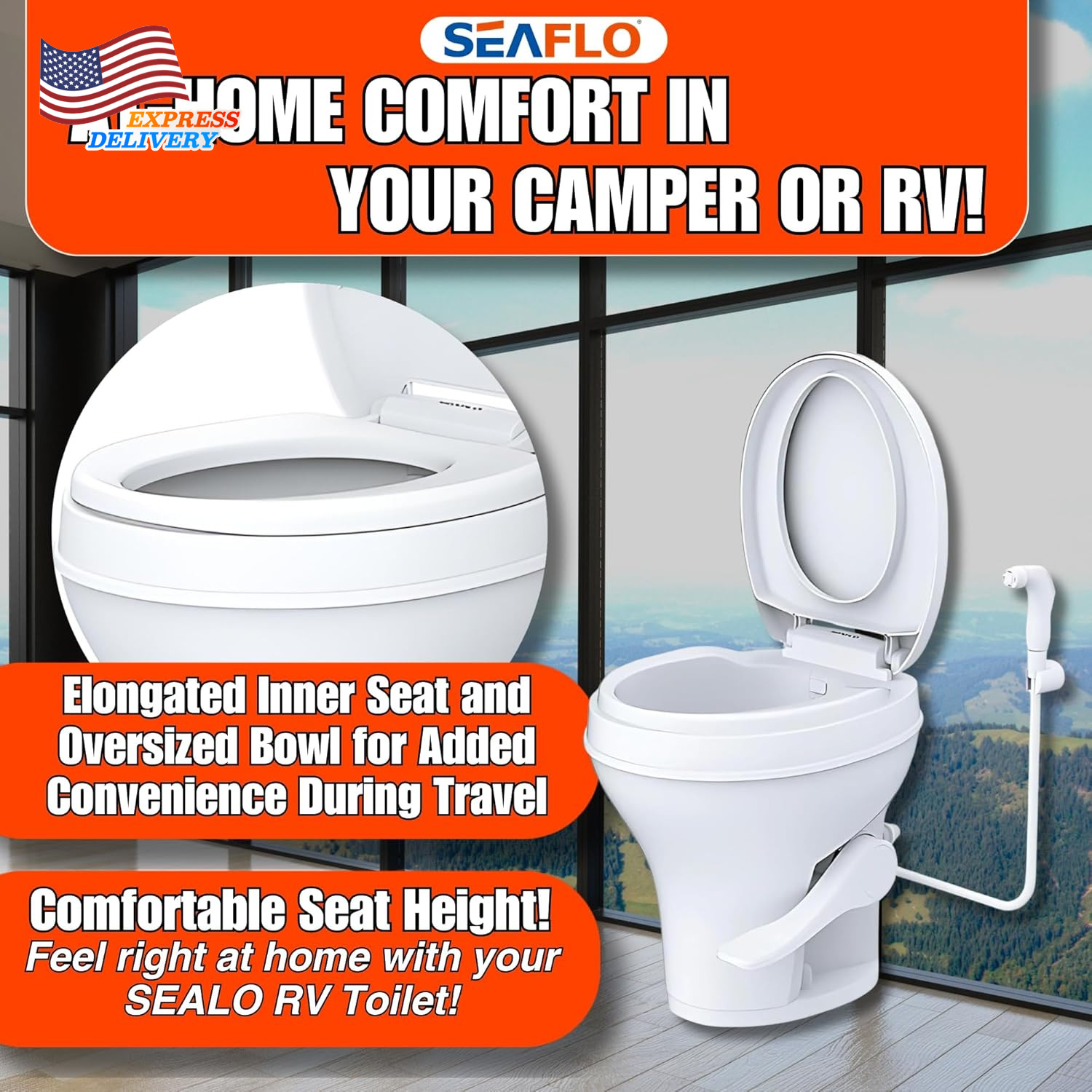Residential Height Camper/Rv Toilet w/Sprayer Attachment 18.5” Standard Height