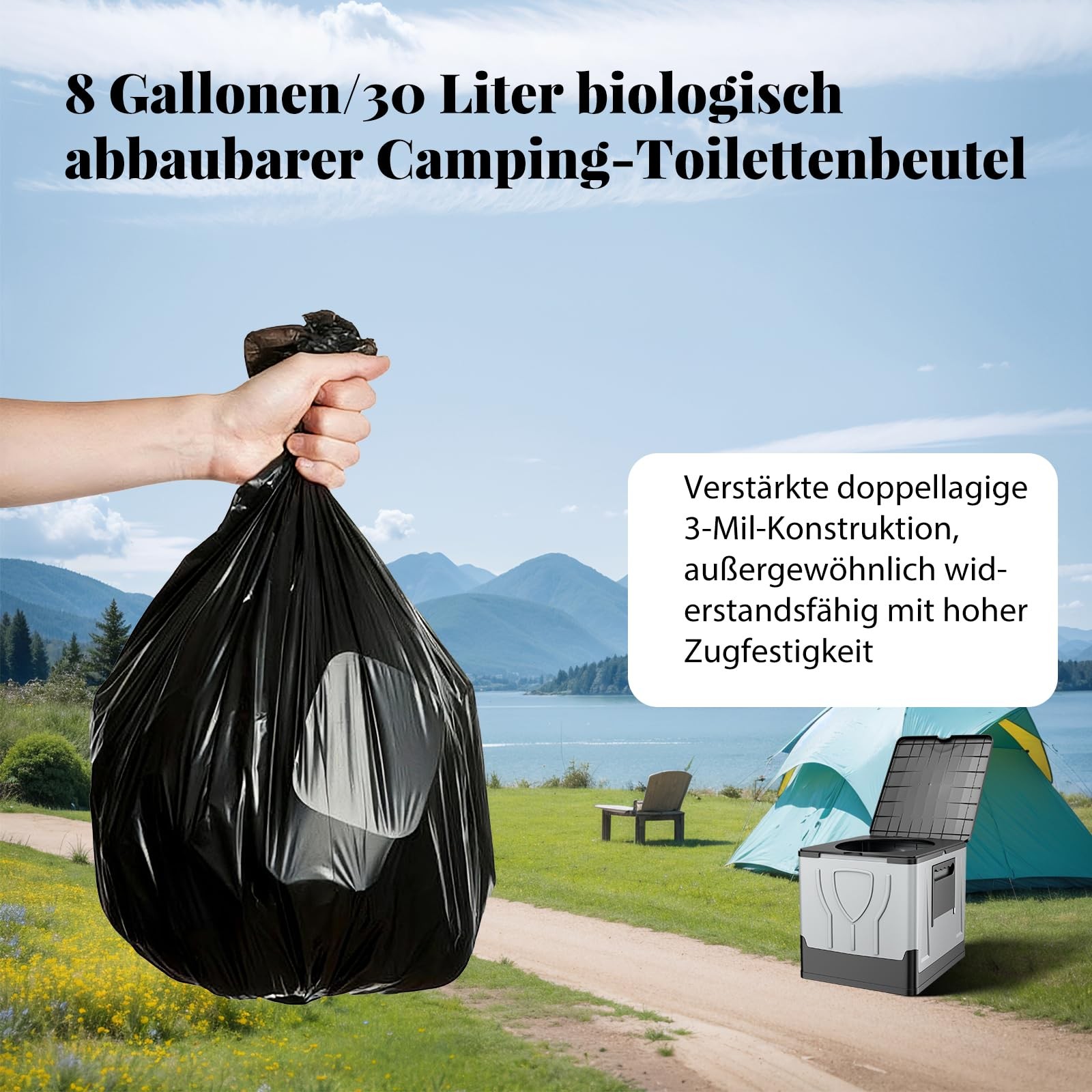 100 Piece Black Camping Toilet Bag Set, 30L Biodegradable Toile…