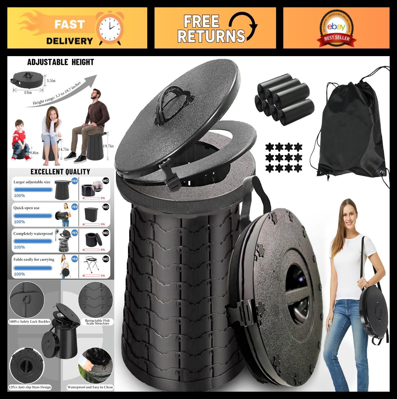 XXL Portable Camping Toilet – 880lbs Capacity, Adjustable 19.7″ Height, Collapsi