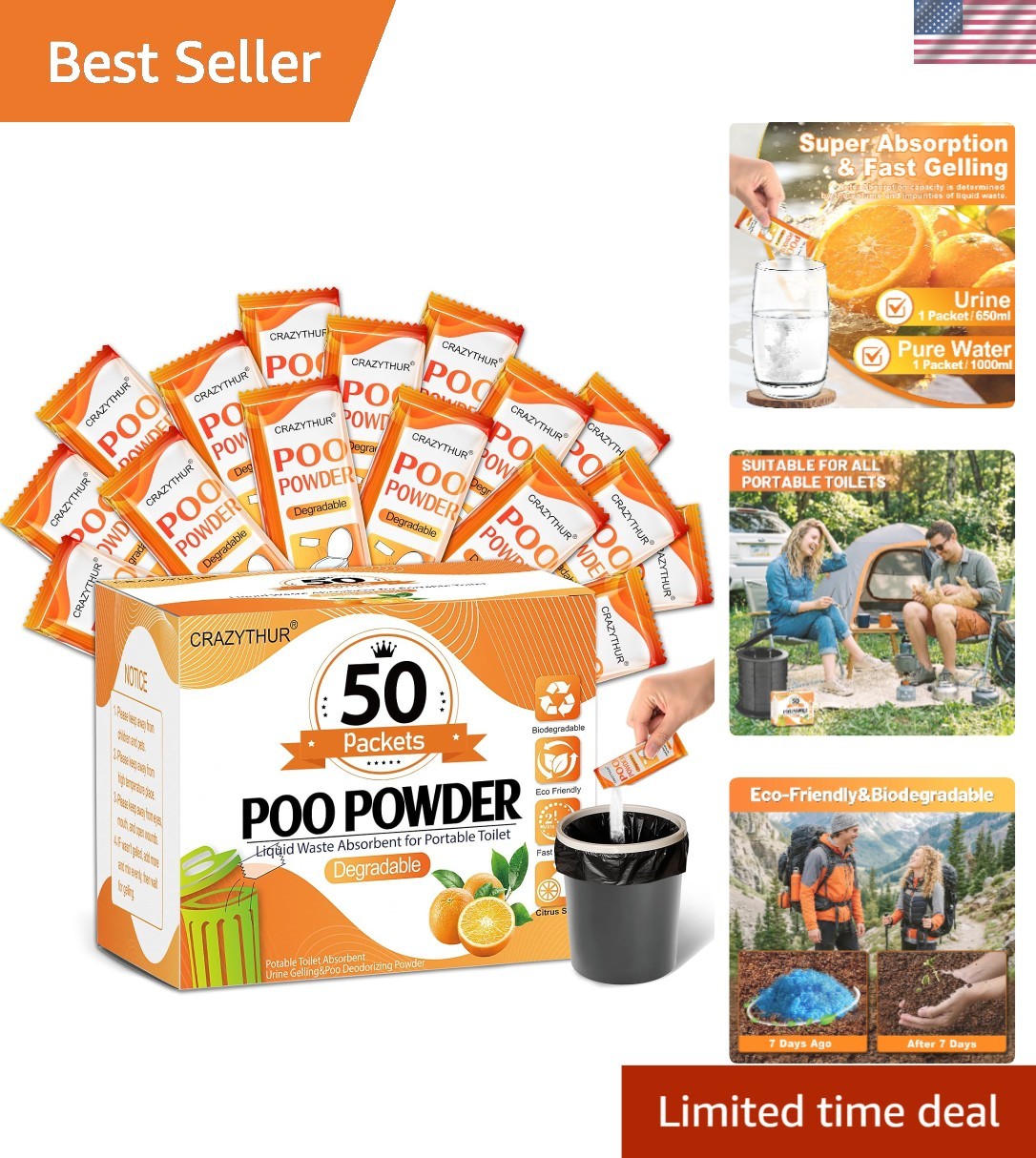 Eco-Friendly Portable Toilet Gel – Citrus Scented Camping Toilet Powder