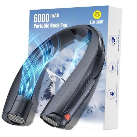 Portable Neck Fan with Reading Light – 6000mAh USB-C Rechargeable Hands – Black