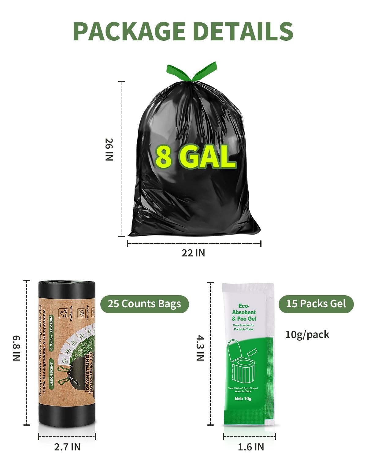 Camping Toilet Bags Poo Gel Set, 25 Count Portable Toilet Bags with 15 Count …