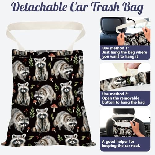 Print Car Trash Bag Hanging Garbage Bag with Snap Buttons Car-Back Seat Raccoon