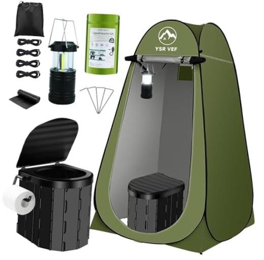 Portable Toilet Kit, Camping Toilet with Black Toilet and Green Tent With Light