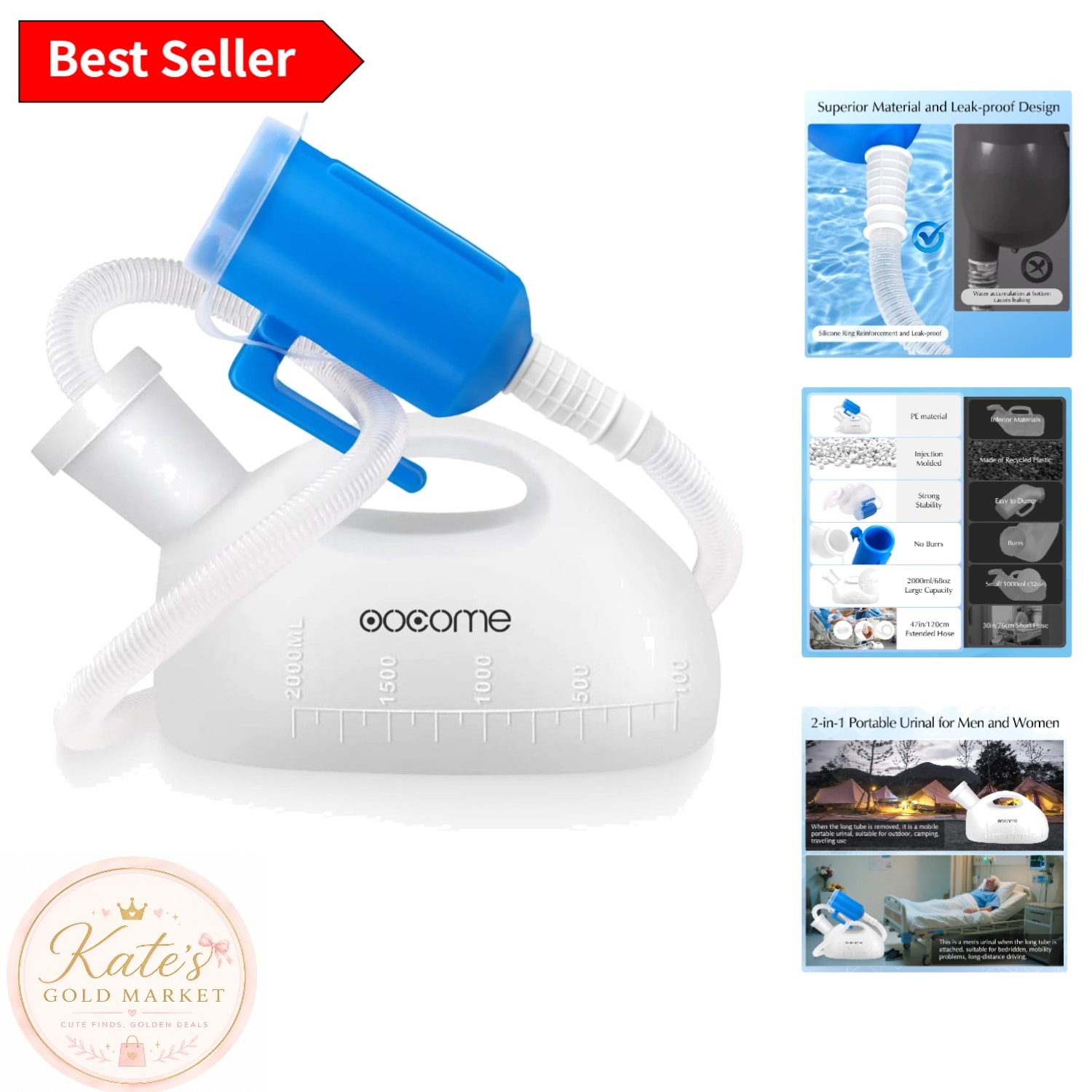 2000ml Portable Urinal for Men – Spill Proof, Long Tube, Easy Clean