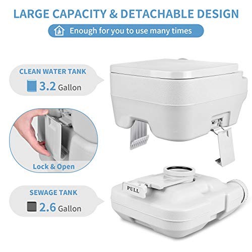 Portable Camping Toilet, Travel RV Toilet, 2.6 Gallon Handle Flush Pump