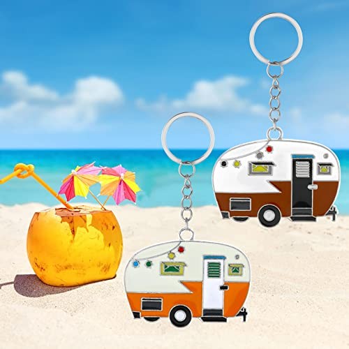 Thinp 2 Pieces Camper Keychain, RV Camper Keyring Accessories for Yellow+brown