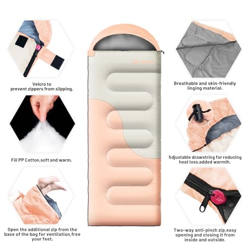 Sleeping Bags for Adults&Kids,Lightweight Waterproof Warm Weather Pink&Khaki