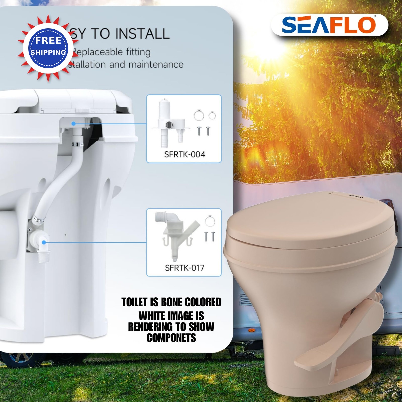 Residential Height Camper RV Toilet Gravity Flush Soft Close Seat SEAFLO Foot